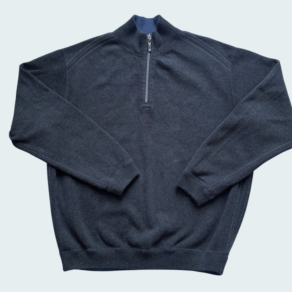 Tommy Bahama Tobago Bay Half Zip Sweater Dark Gray & Blue 100% Cotton Medium